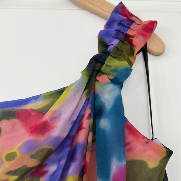 BEBE Watercolor Floral Print Silk One-Shoulder Blouse with Ruffle Detail - Picture 2 of 11